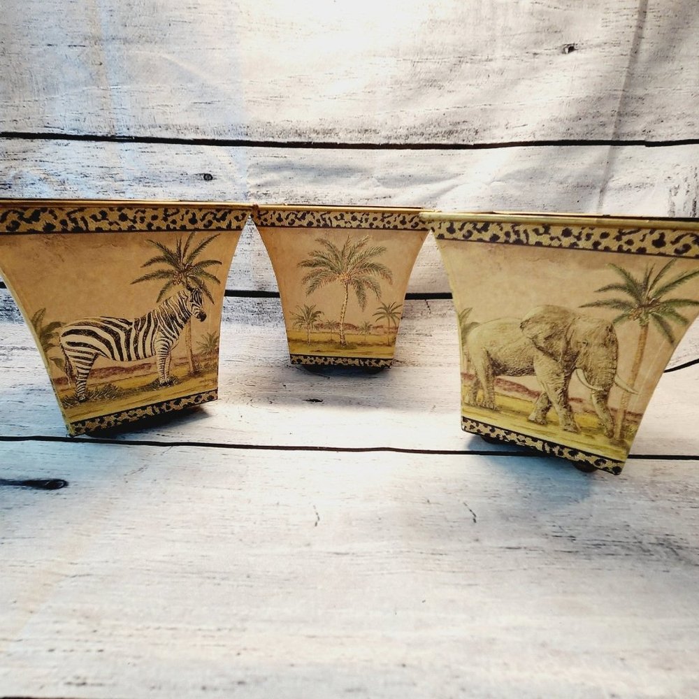 Safari Tin Pots Palm Tree Zebra Elephant Set Of 3 New